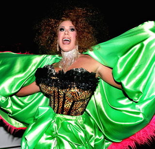 A drag queen celebrates outside the Connecticut Supreme Court building.